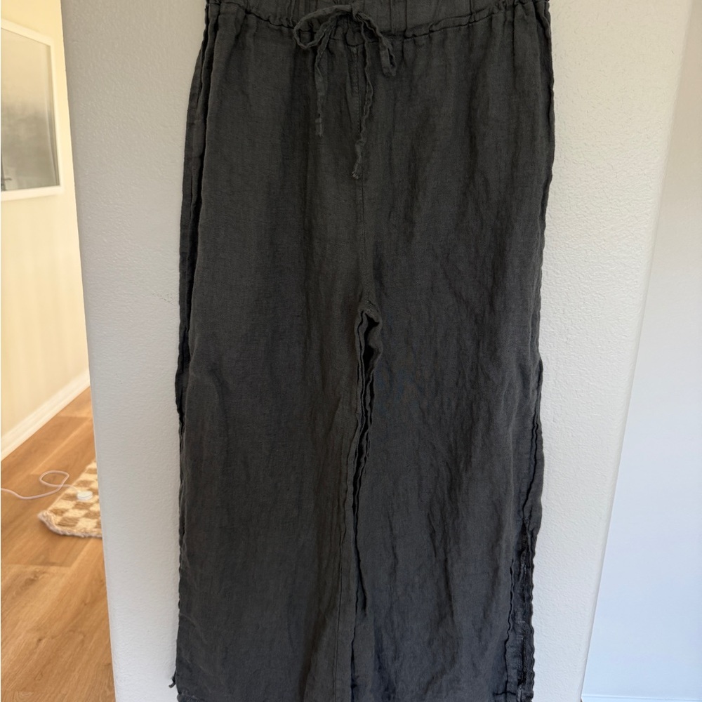 Nati Charcoal Lightweight Linen Wide-Leg Pants